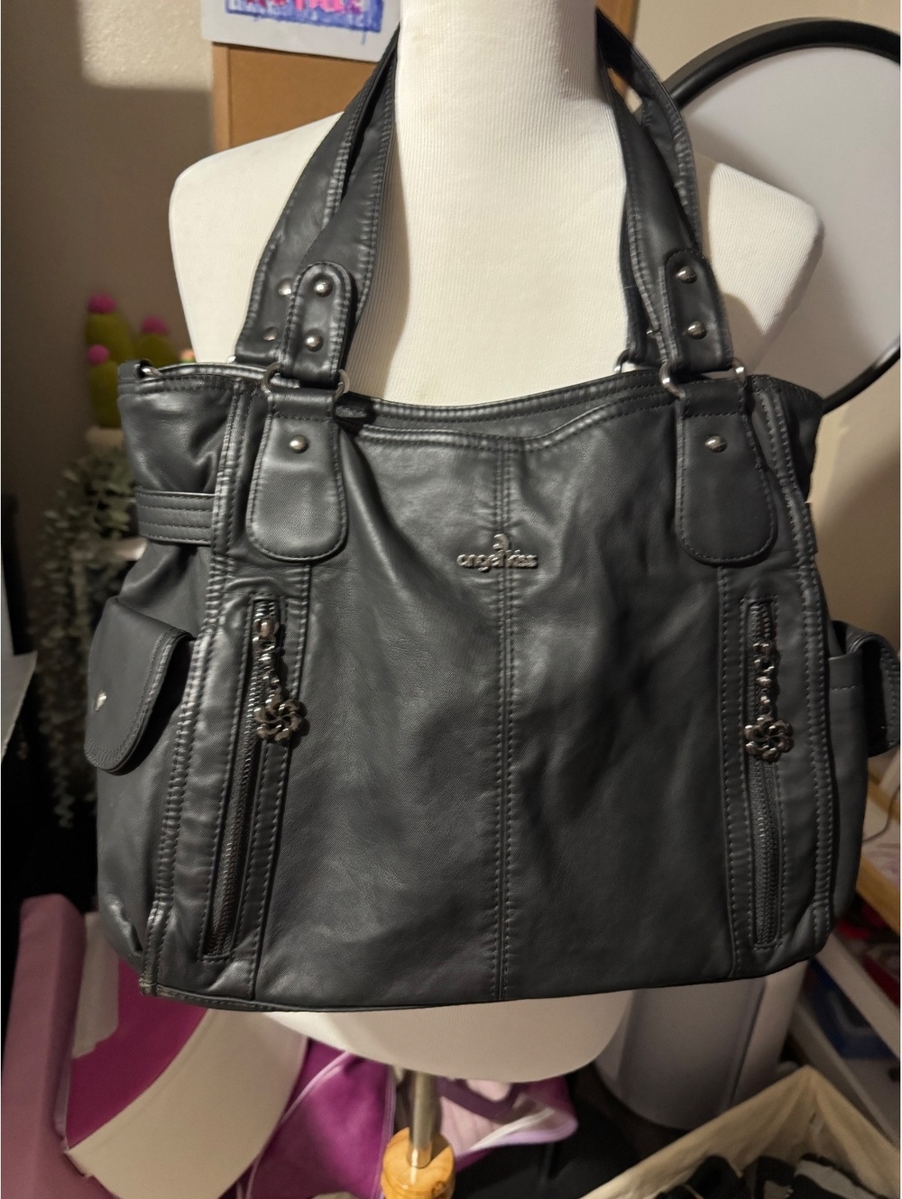 Angel Kiss Black Faux Leather Shoulder Bag Handbag Tote with Multiple Pockets Y2